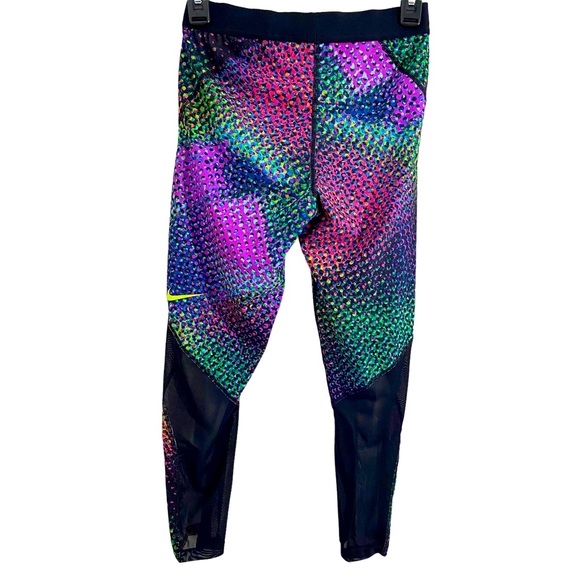 Nike Pro Hypercool Multicolor Print, Black Sheer Mesh Insets Cropped Leggings,M - Picture 5 of 16